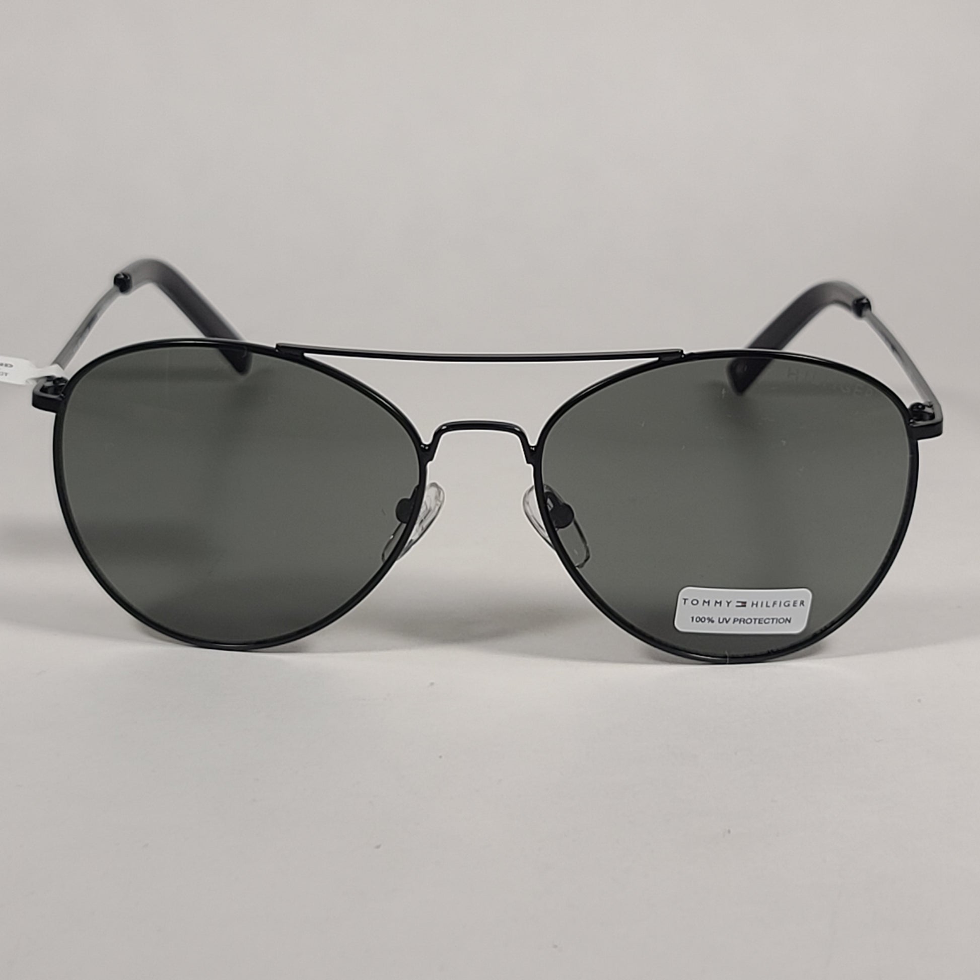 Tommy Hilfiger Reign Small Aviator Sunglasses Shiny Black Frame Green Tinted Lens REIGN MM OM508 - Sunglasses