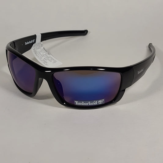 Timberland Wrap Sunglasses Shiny Black Frame Blue Violet Mirror Lens TB7171 01X - Sunglasses