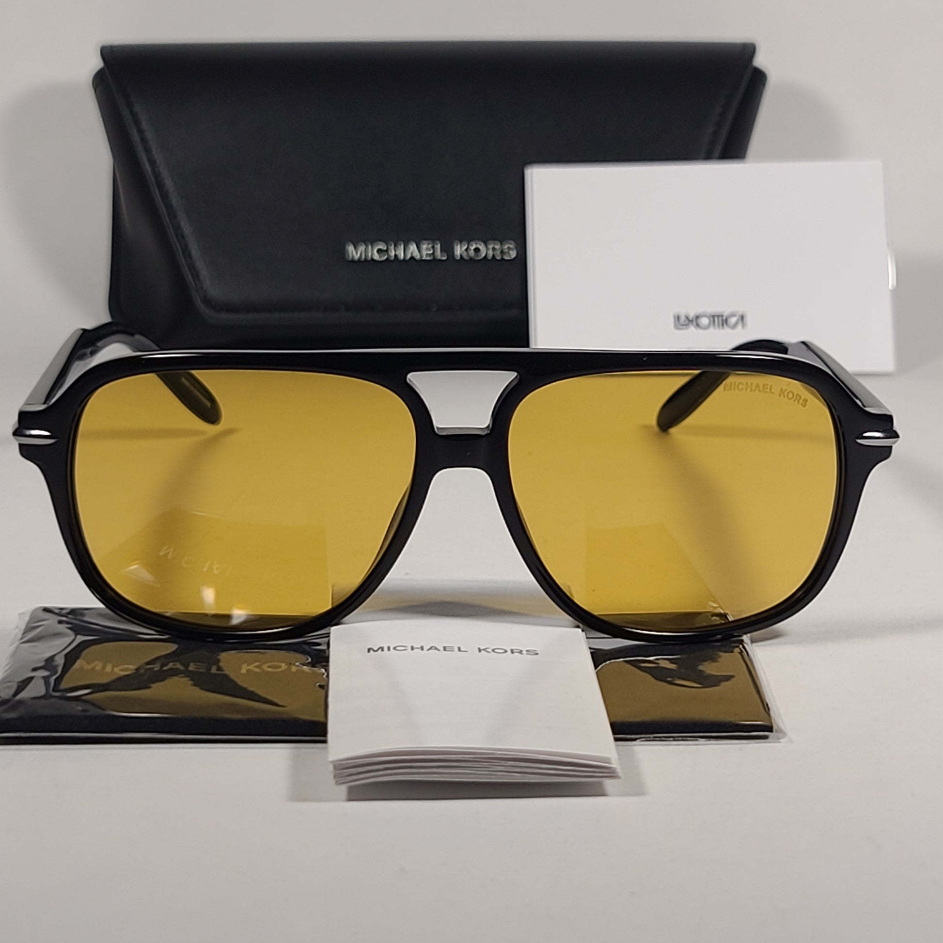 Michael Kors Liam Molded Aviator Sunglasses Shiny Black Frame Amber Yellow Lens MK2115