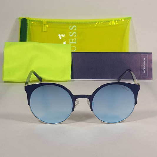 Guess Round Sunglasses GU3036 92X Blue And Silver Frame Blue Flash Mirror Lens - Sunglasses