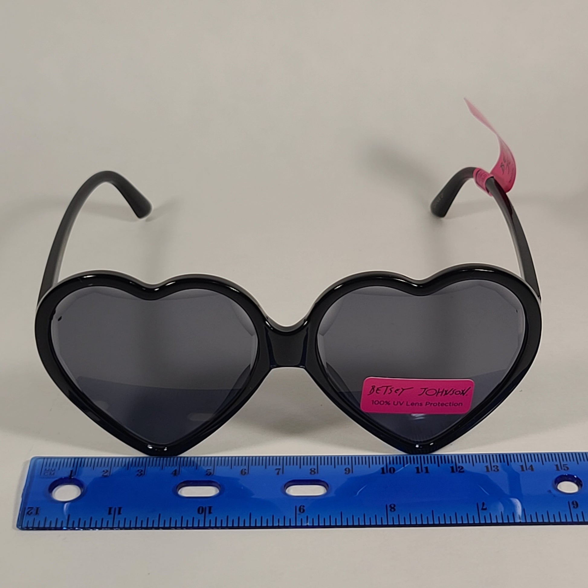 Betsey Johnson Heart Shape Sunglasses Shiny Black Frame Gray Tinted Lens - Sunglasses