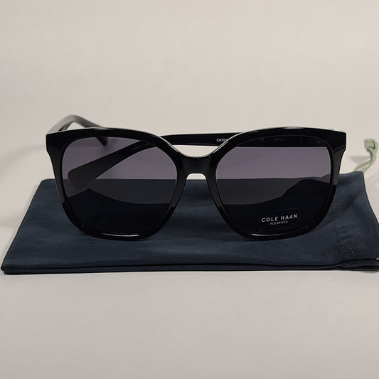 Cole Haan Large Square CH7013 001 Polarized Sunglasses Shiny Black Frame Gray Lens - Sunglasses