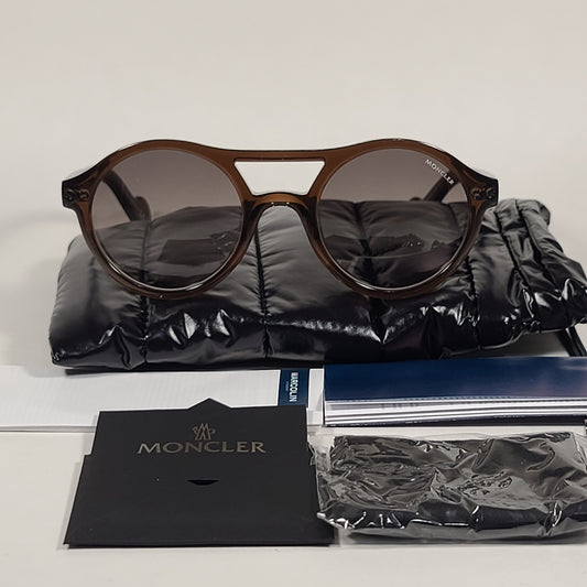 Moncler Round Sunglasses Brown Mastic Frame Smoke Gradient Lens ML0037 51B - Sunglasses