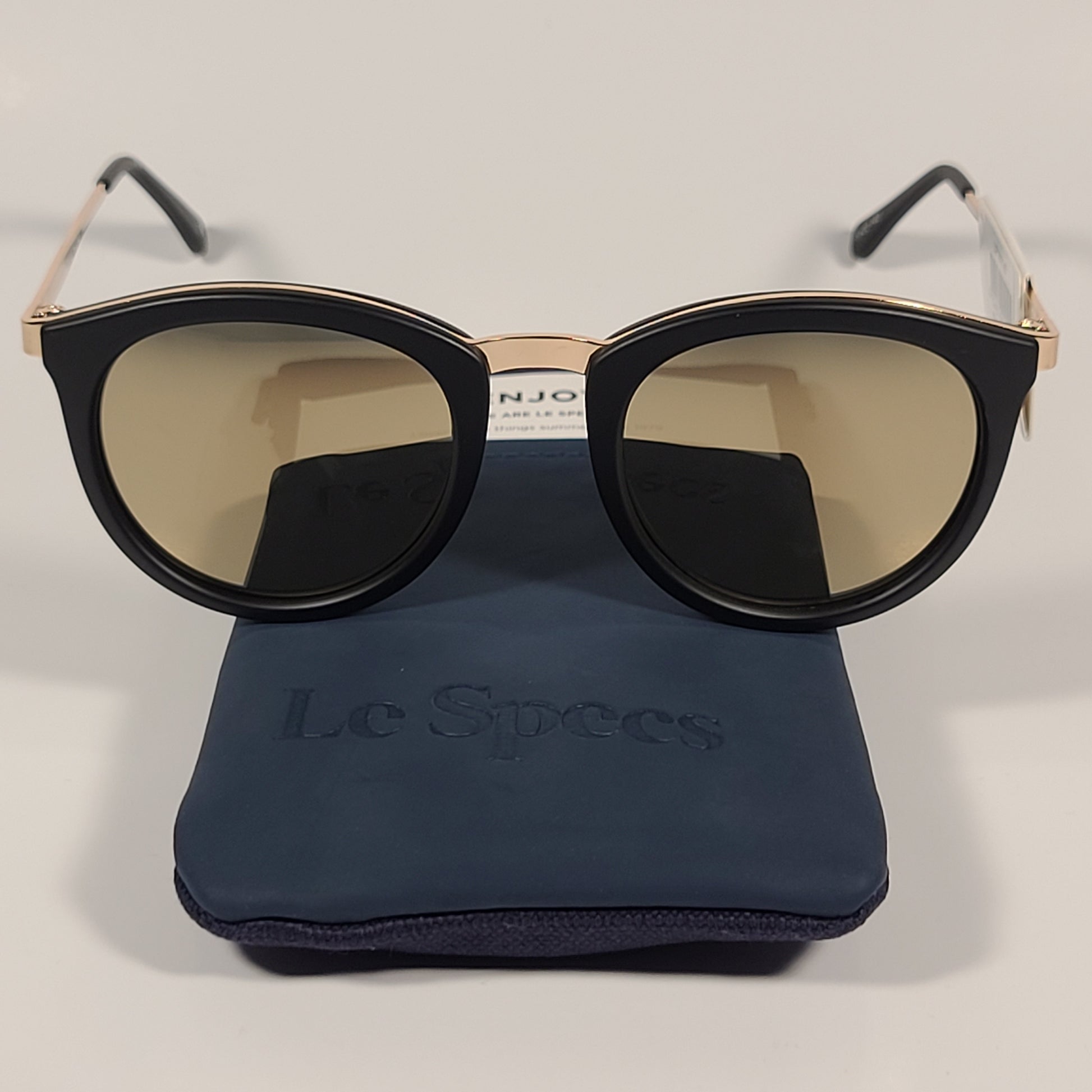 Le Specs No Smirking Round Sunglasses Matte Black Gold Frame Gold Mirror Lens LSP1602145 - Sunglasses