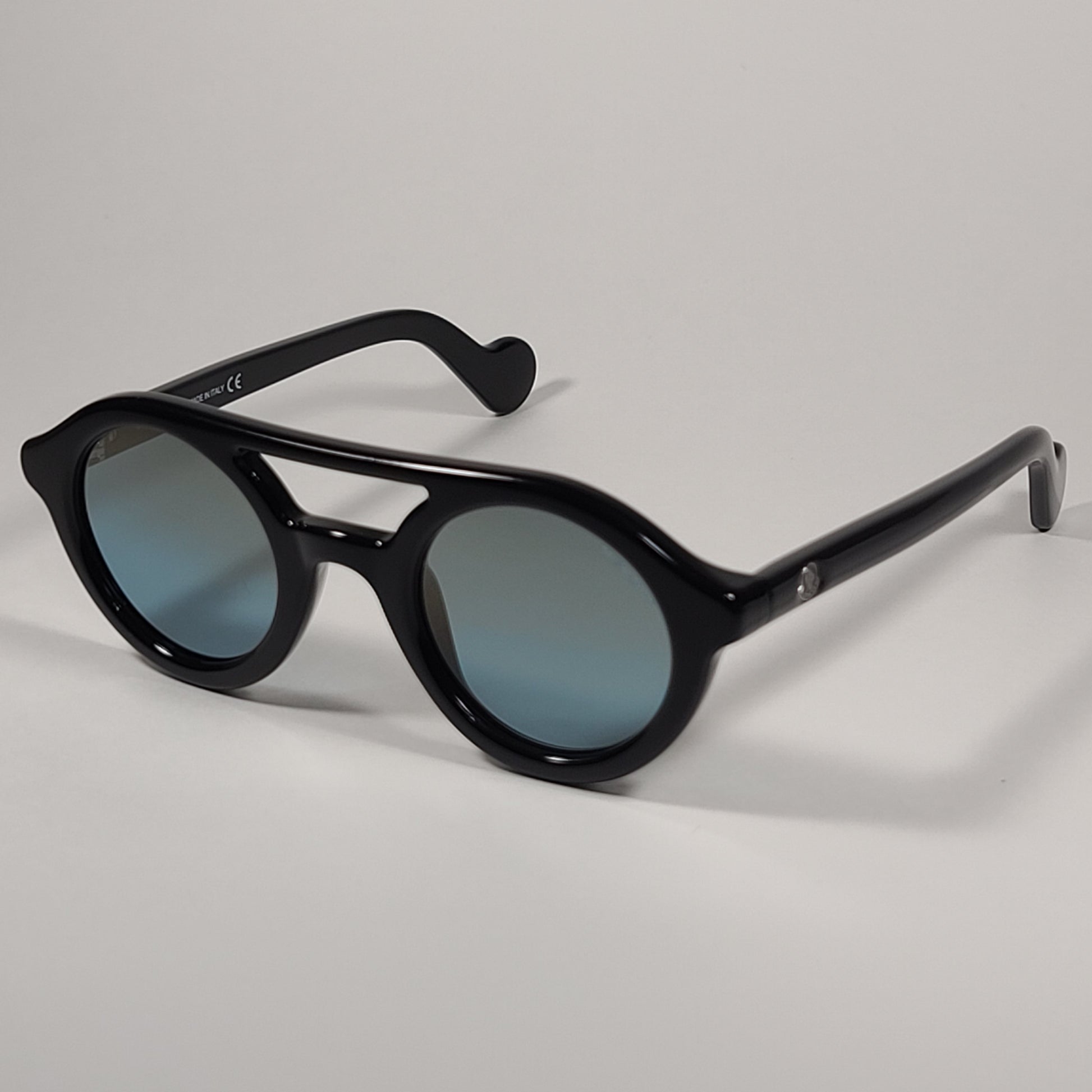 Moncler Round Pilot Sunglasses Shiny Black Frame Blue Gradient Lens ML0014 01X - Sunglasses