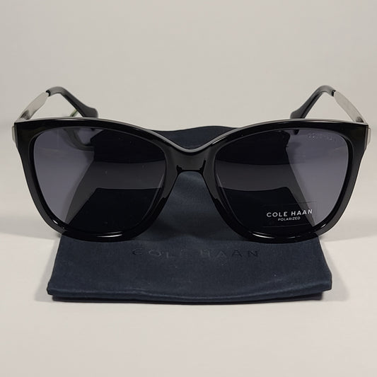 Cole Haan Square Polarized Sunglasses Shiny Black And Silver Frame Gray Lens CH9001 001 - Sunglasses