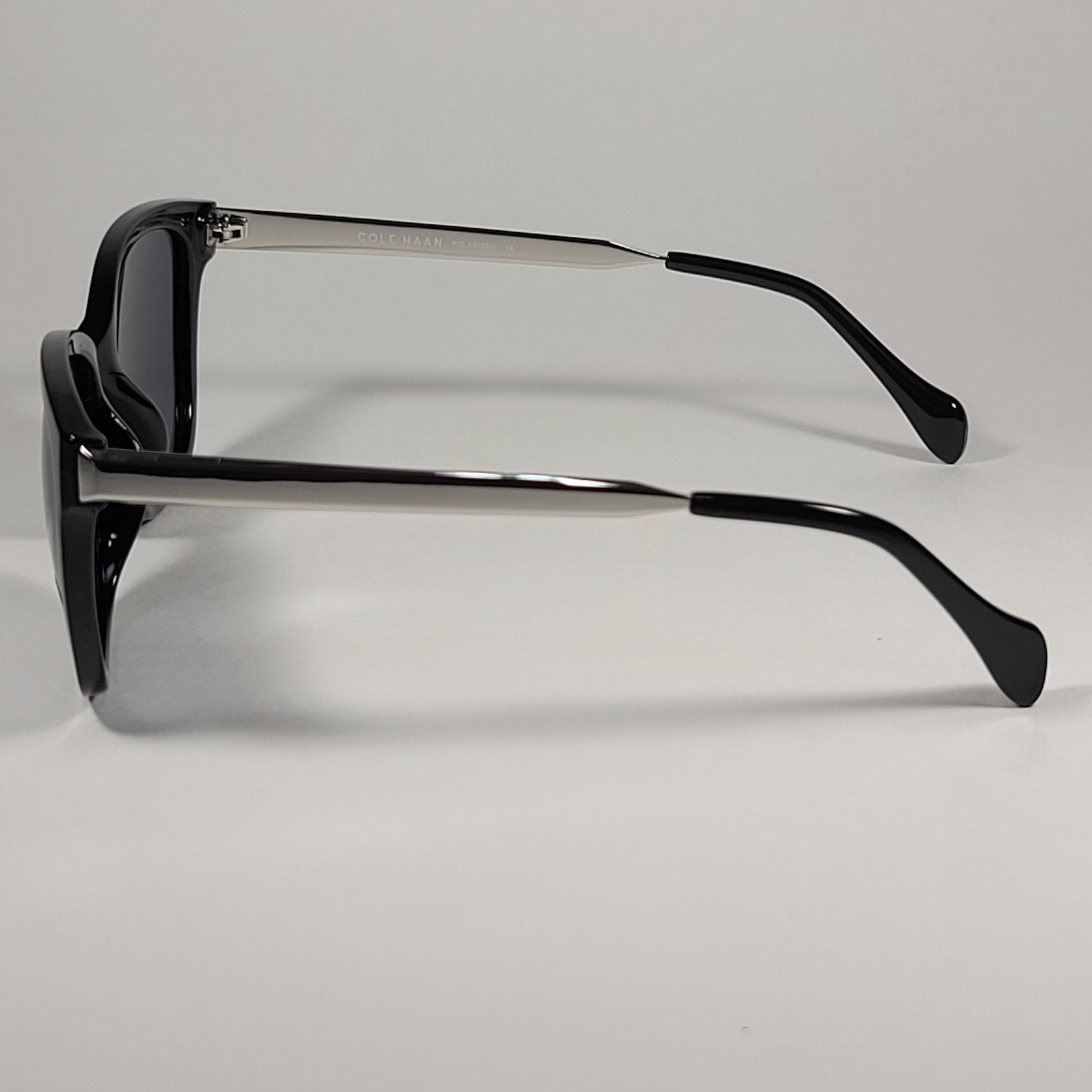 Cole Haan Square Polarized Sunglasses Shiny Black And Silver Frame Gray Lens CH9001 001 - Sunglasses