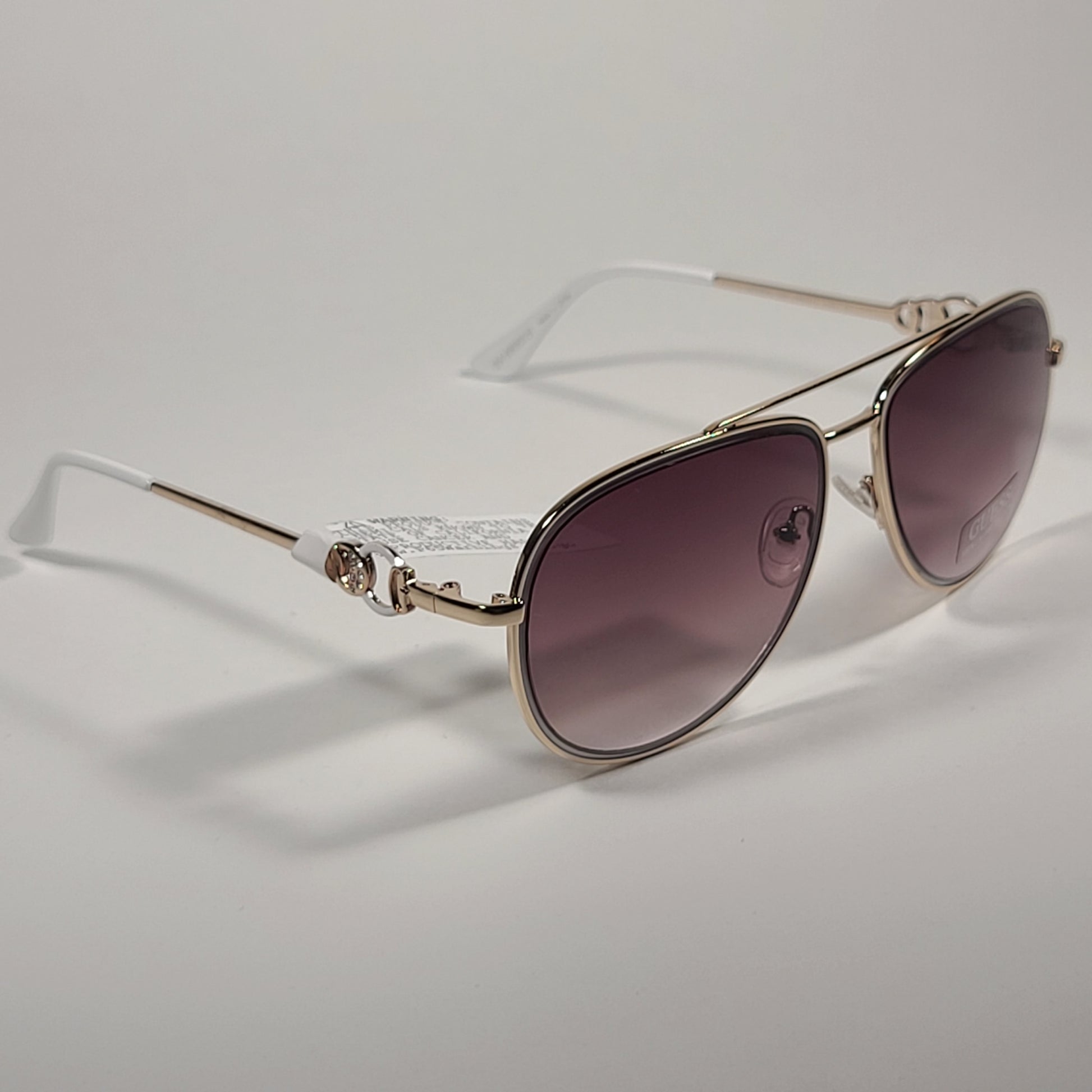 Guess Aviator Pilot Sunglasses White Gold Tone Frame Brown Gradient Lens GF0344 32F - Sunglasses