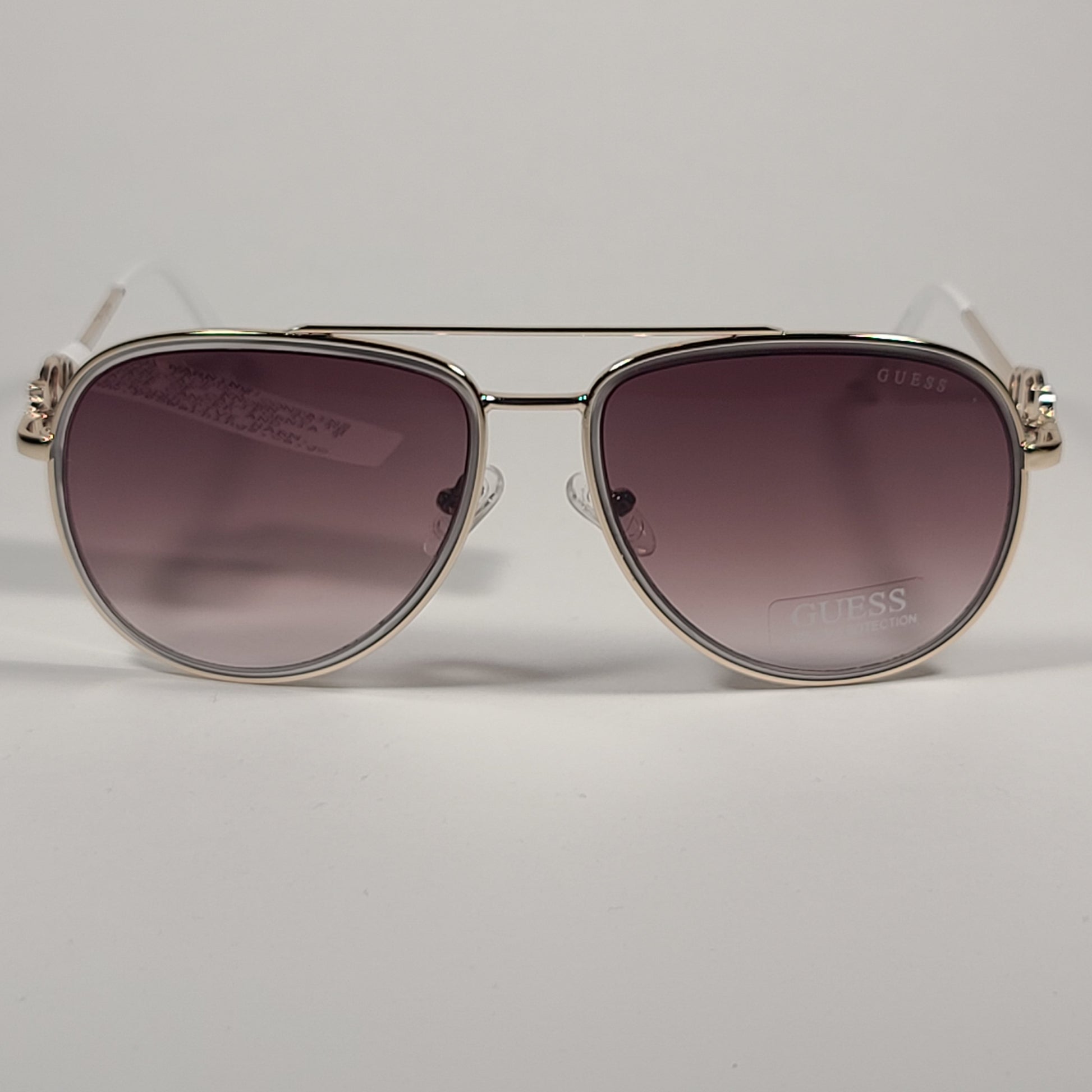 Guess Aviator Pilot Sunglasses White Gold Tone Frame Brown Gradient Lens GF0344 32F - Sunglasses