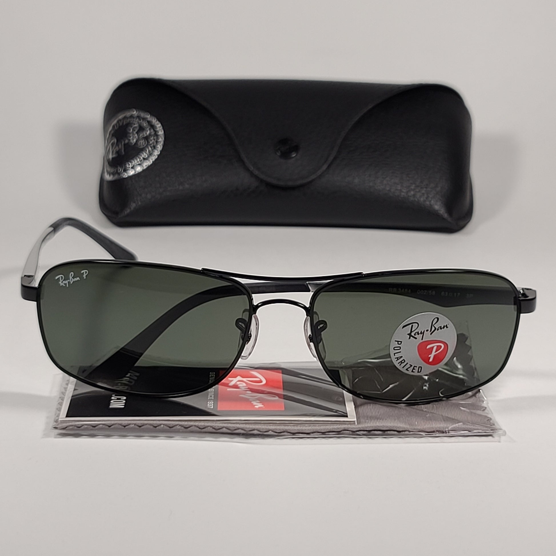 Ray-Ban Active Lifestyle Polarized Rectangle Sunglasses Black Silver Frame Green Lens RB3484 002/58 - Sunglasses