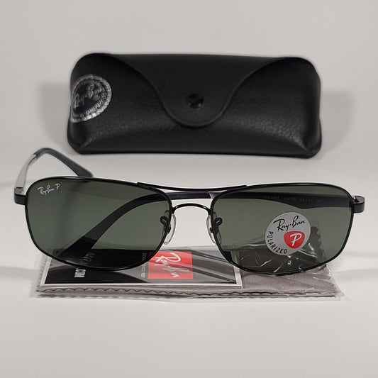 Ray-Ban Active Lifestyle Polarized Rectangle Sunglasses Black Silver Frame Green Lens RB3484 002/58 - Sunglasses