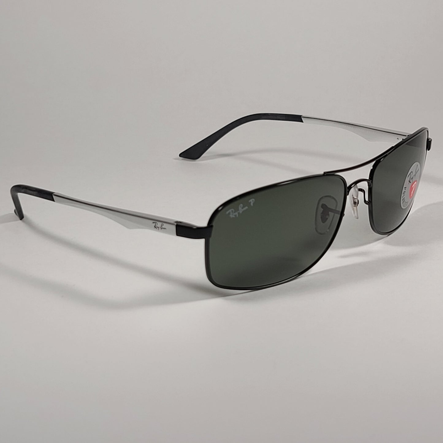 Ray-Ban Active Lifestyle Polarized Rectangle Sunglasses Black Silver Frame Green Lens RB3484 002/58 - Sunglasses