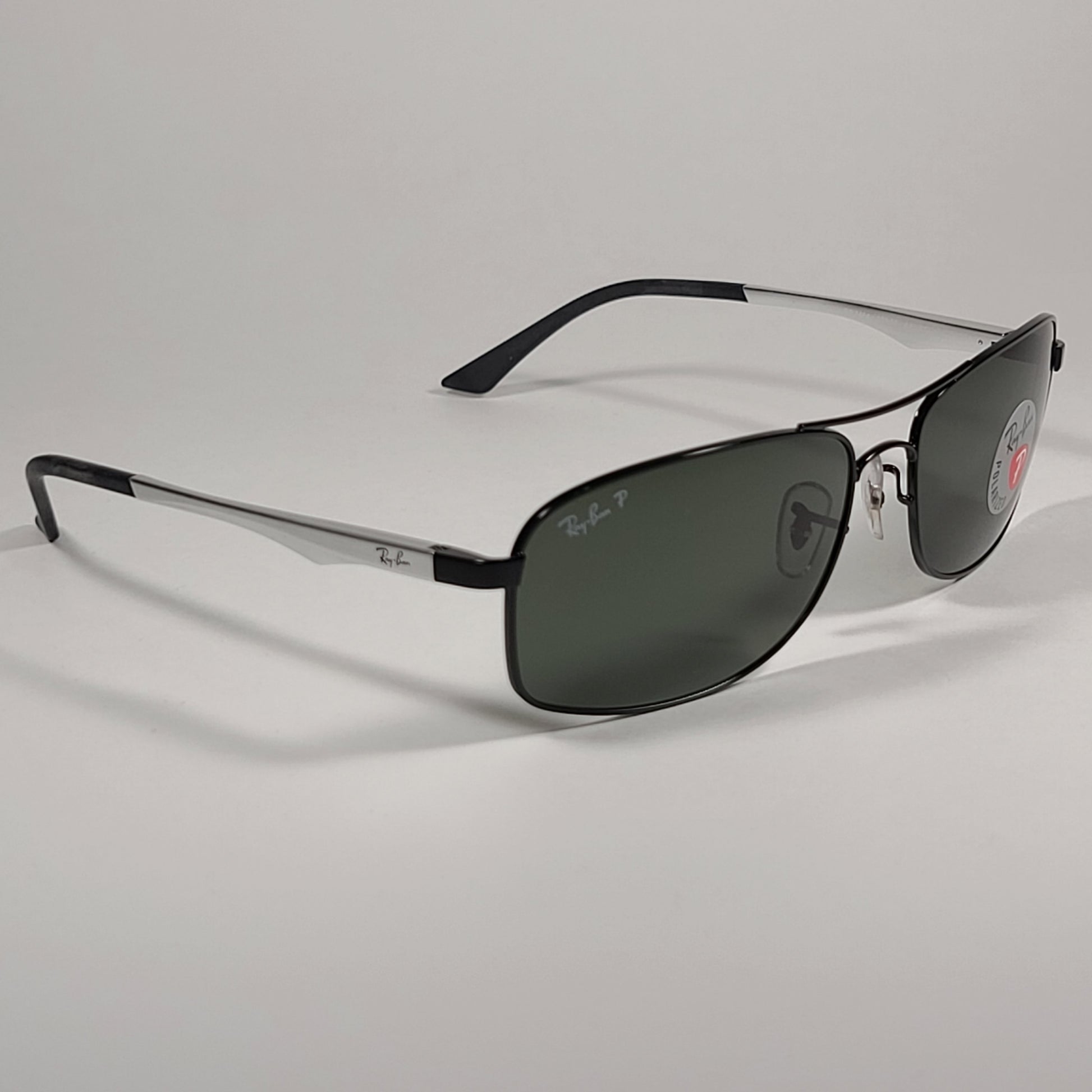 Ray-Ban Active Lifestyle Polarized Rectangle Sunglasses Black Silver Frame Green Lens RB3484 002/58 - Sunglasses