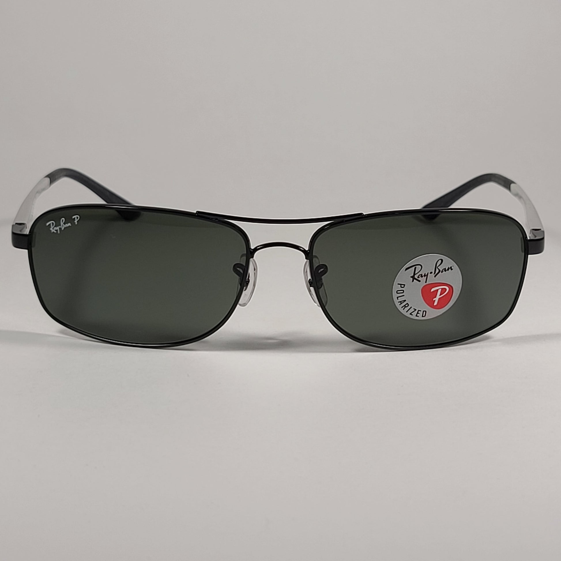 Ray-Ban Active Lifestyle Polarized Rectangle Sunglasses Black Silver Frame Green Lens RB3484 002/58 - Sunglasses