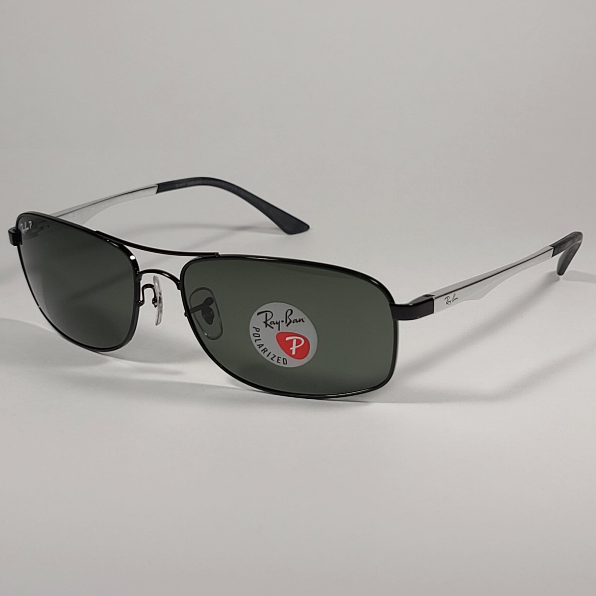 Ray-Ban Active Lifestyle Polarized Rectangle Sunglasses Black Silver Frame Green Lens RB3484 002/58 - Sunglasses