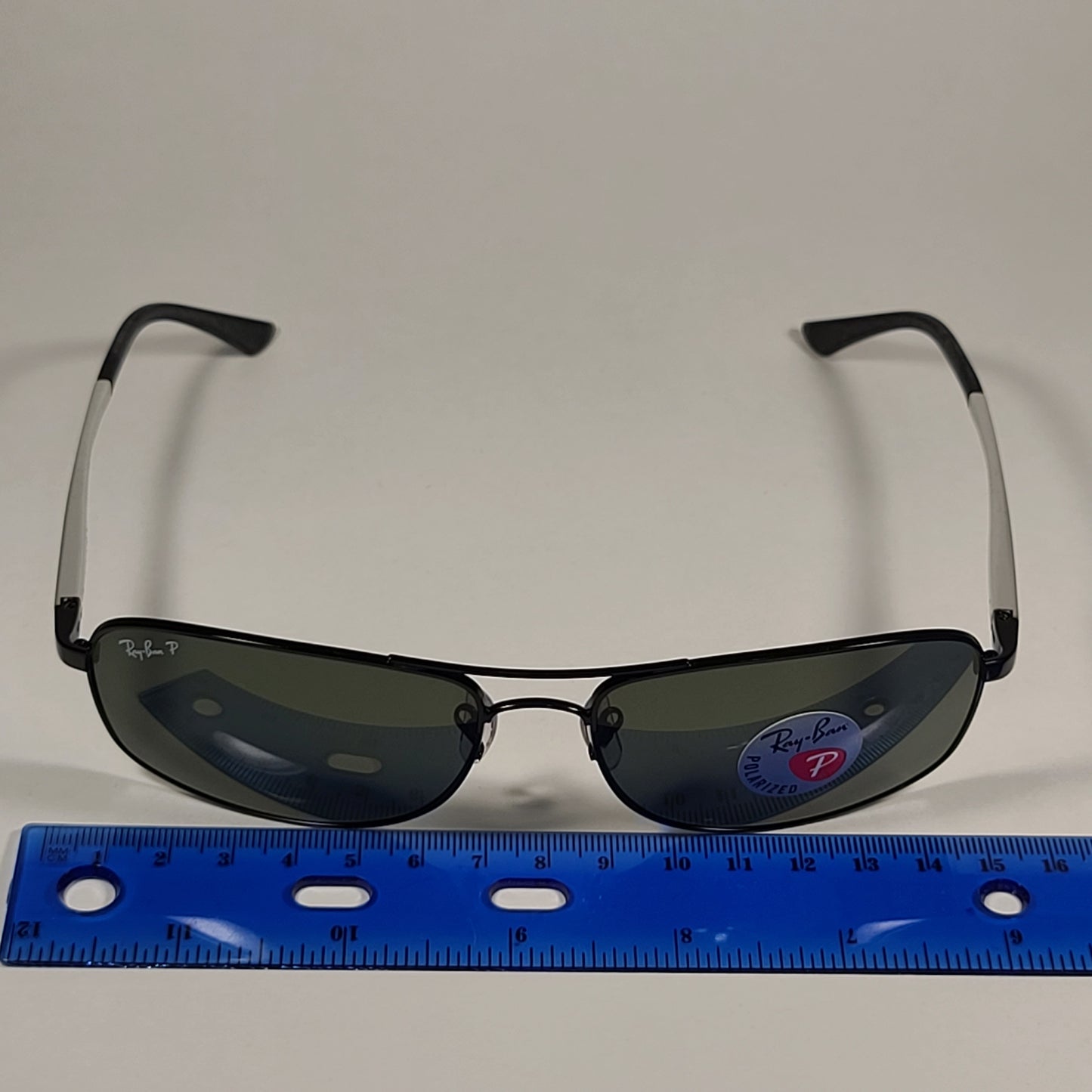 Ray-Ban Active Lifestyle Polarized Rectangle Sunglasses Black Silver Frame Green Lens RB3484 002/58 - Sunglasses