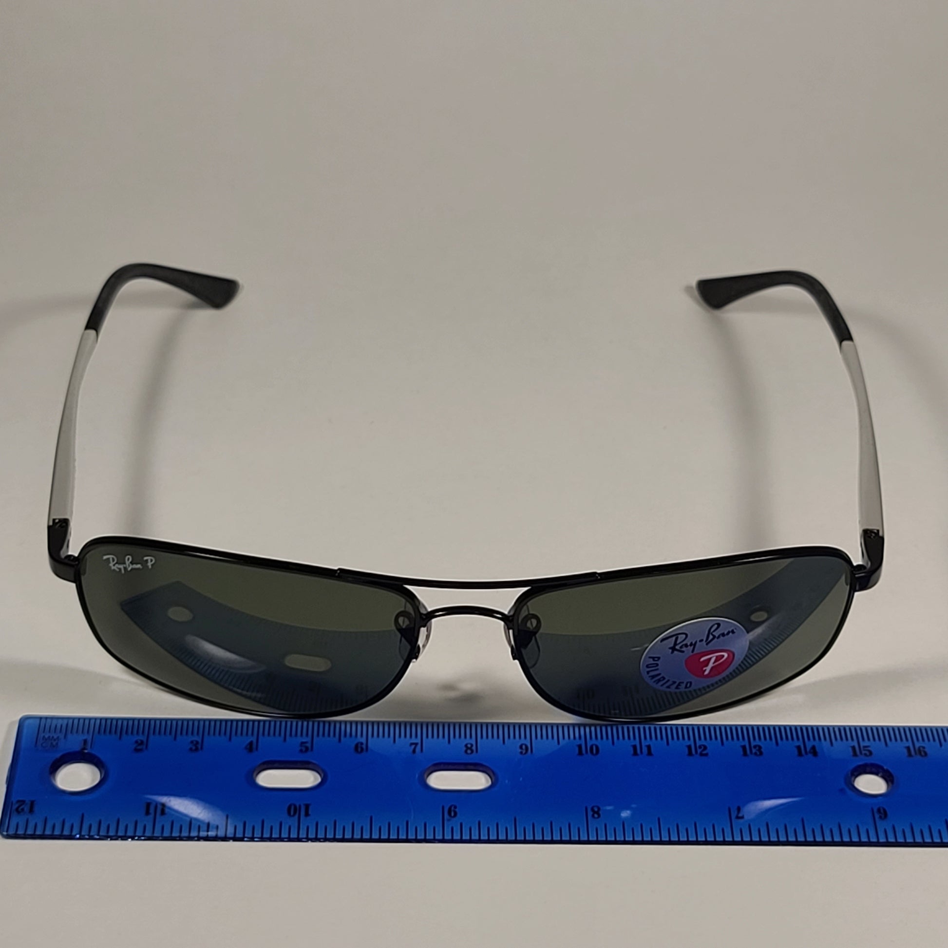 Ray-Ban Active Lifestyle Polarized Rectangle Sunglasses Black Silver Frame Green Lens RB3484 002/58 - Sunglasses
