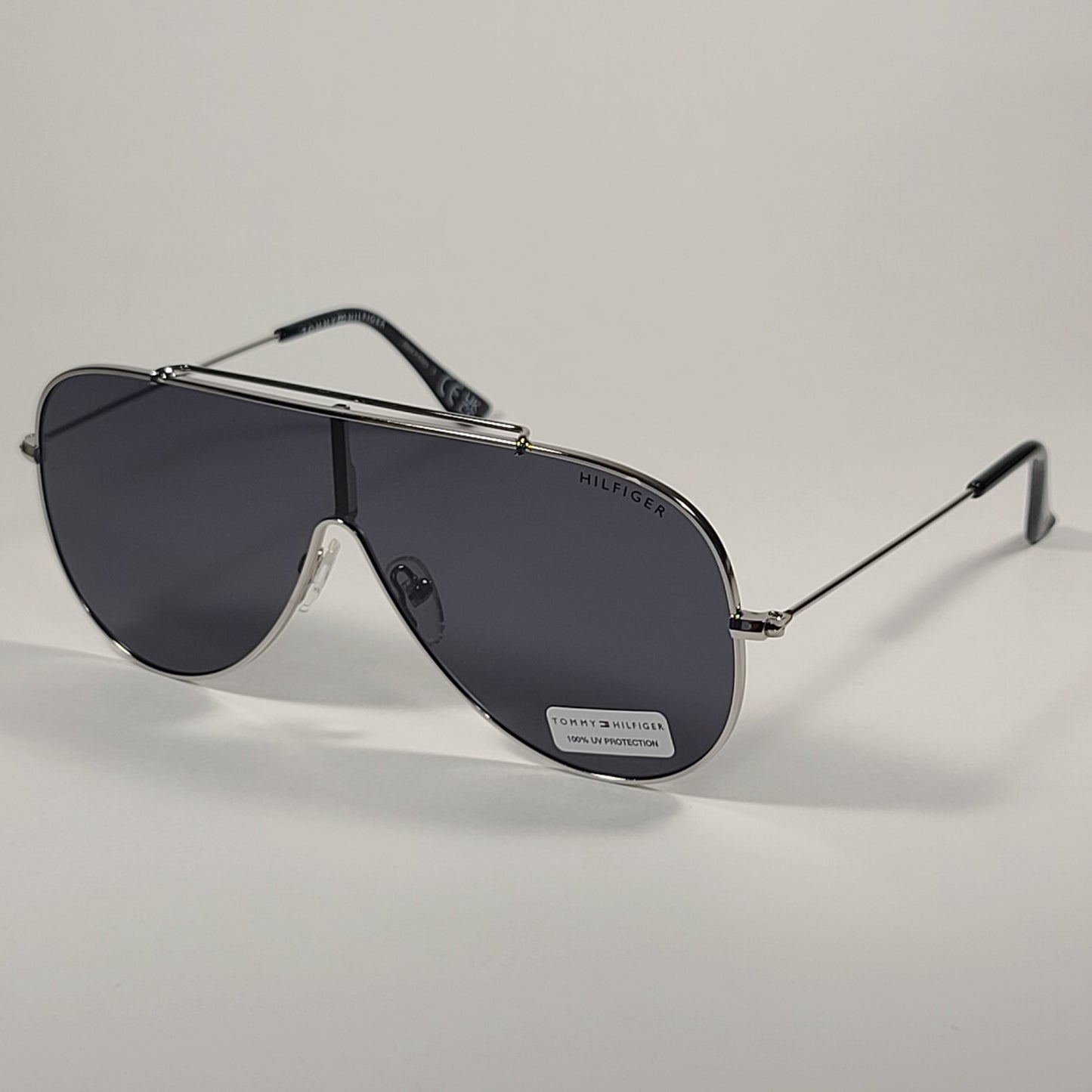 Tommy Hilfiger Abel Shield Sunglasses Silver Frame Gray Solid Lens ABEL MM OU605 - Sunglasses