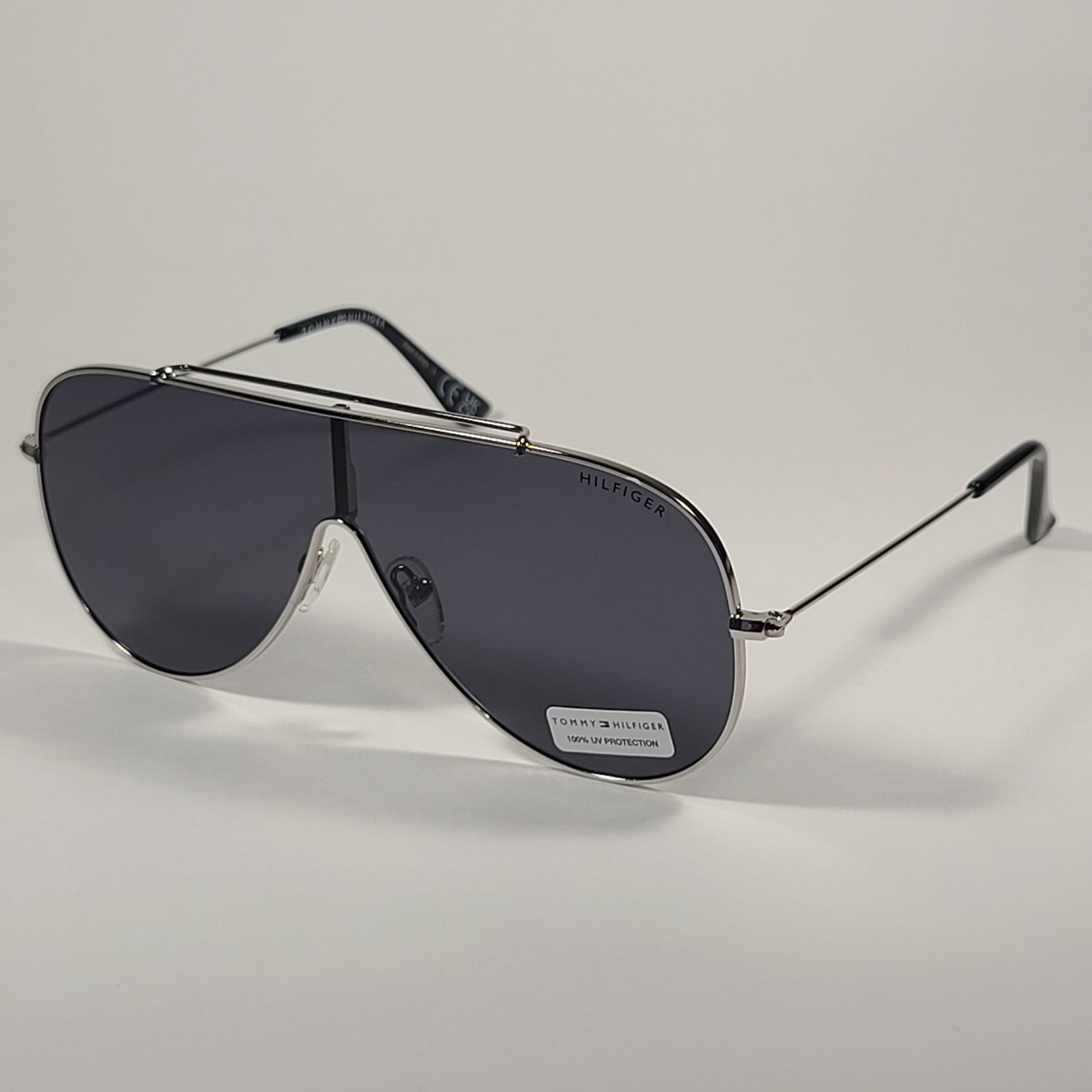 Tommy Hilfiger Abel Shield Sunglasses Silver Frame Gray Solid Lens ABEL MM OU605 - Sunglasses
