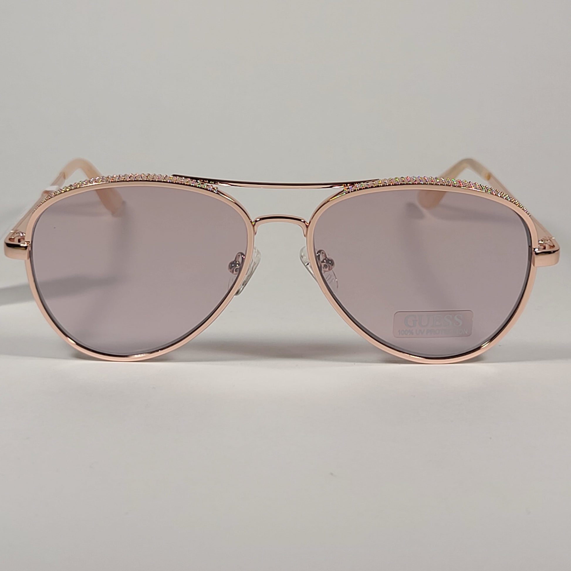 Guess Heavy Aviator Sunglasses Rose Gold Metal Frame Gray Pink Semi Flash Lens GF0350 28U - Sunglasses
