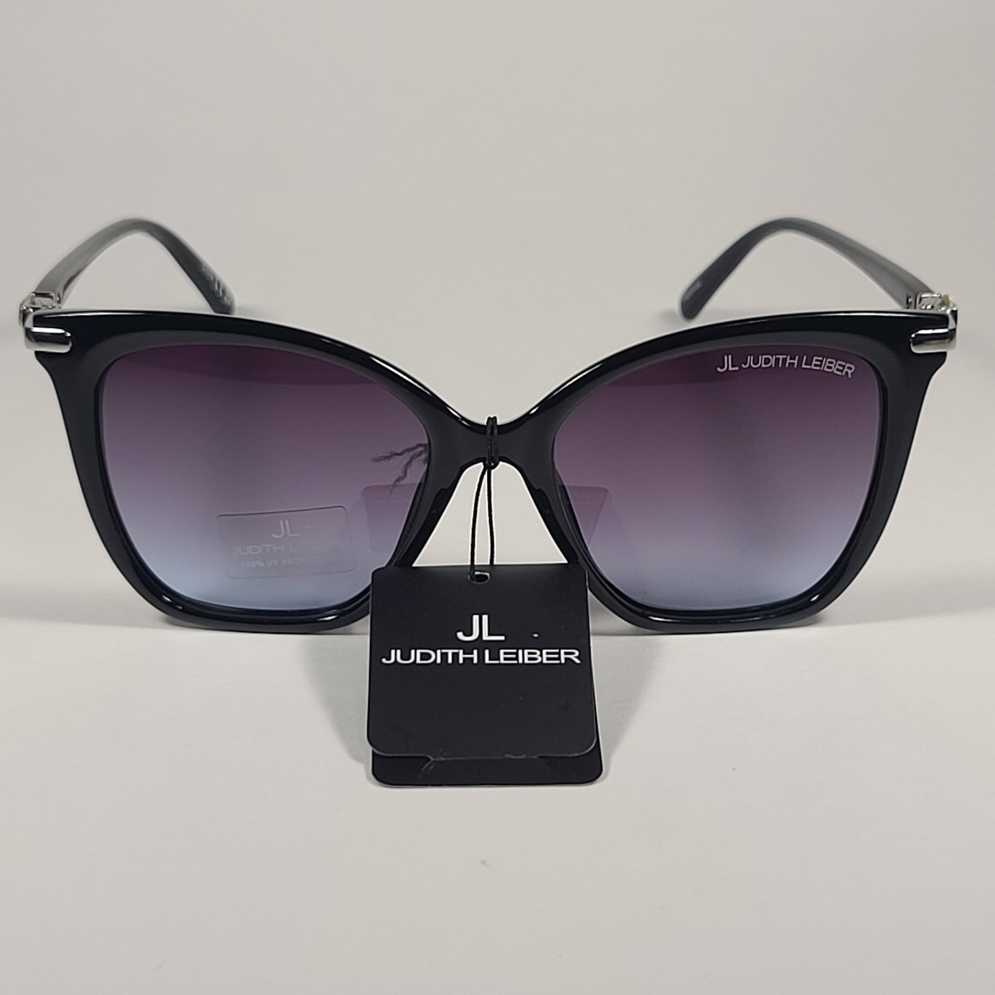 JL By Judith Leiber Veronica Cat Eye Sunglasses Black Silver Blue Smoke Gradient Lens - Sunglasses