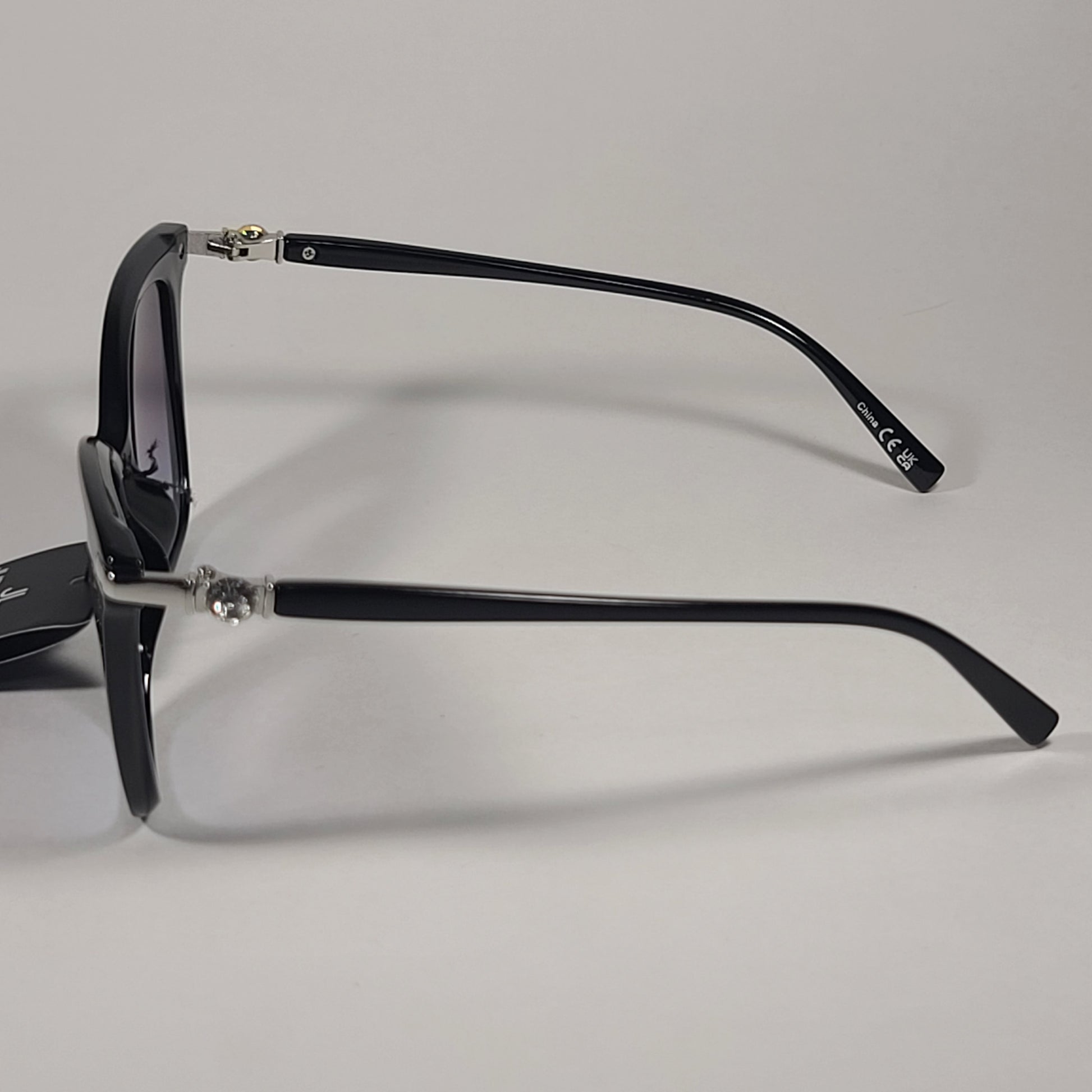 JL By Judith Leiber Veronica Cat Eye Sunglasses Black Silver Blue Smoke Gradient Lens - Sunglasses