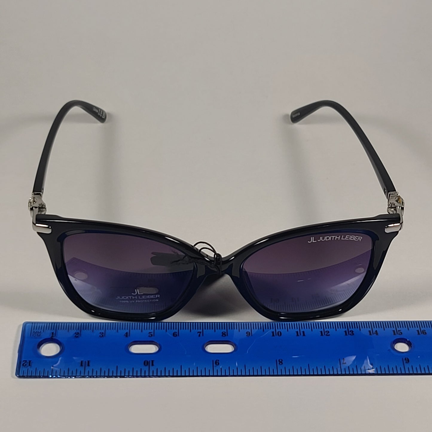 JL By Judith Leiber Veronica Cat Eye Sunglasses Black Silver Blue Smoke Gradient Lens - Sunglasses