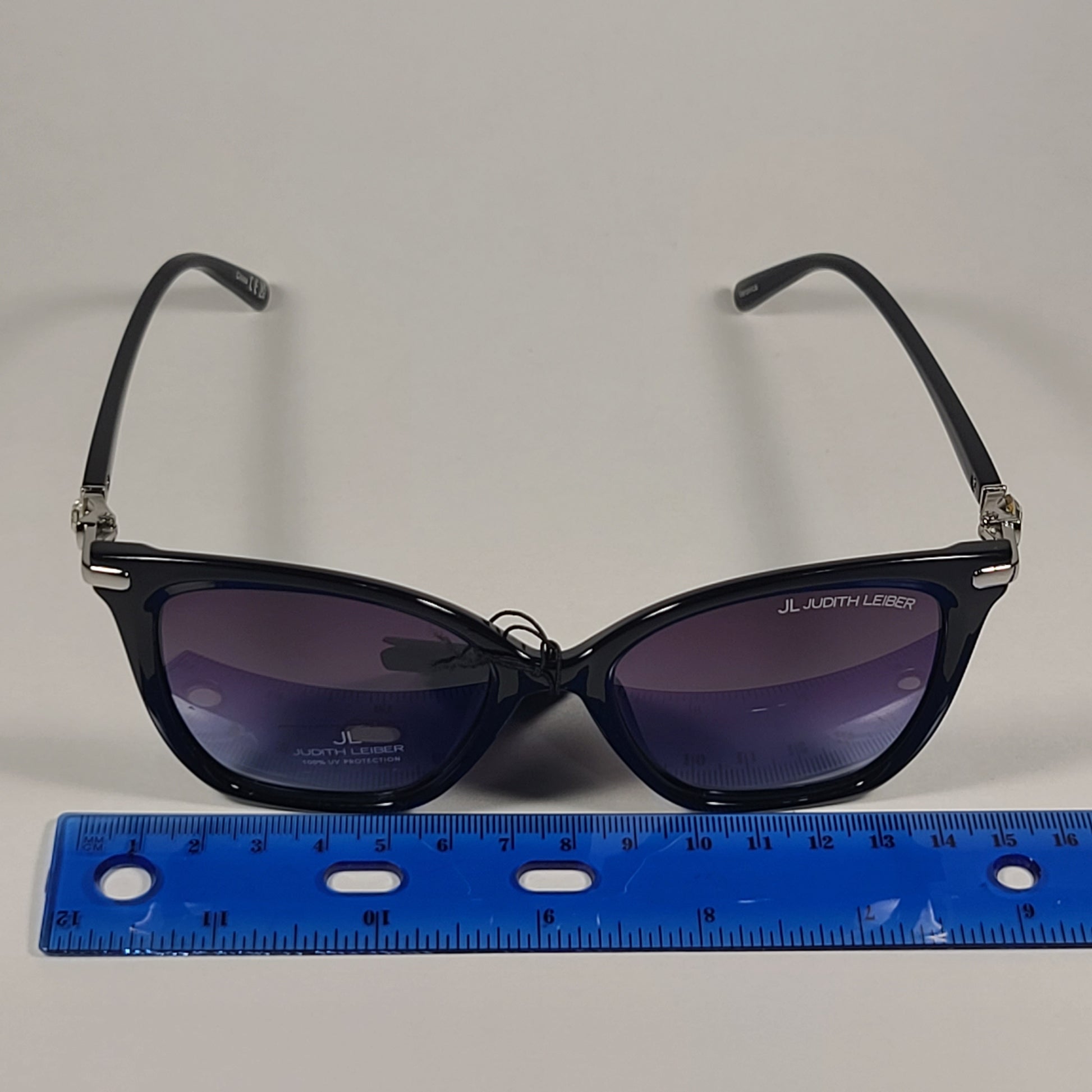 JL By Judith Leiber Veronica Cat Eye Sunglasses Black Silver Blue Smoke Gradient Lens - Sunglasses
