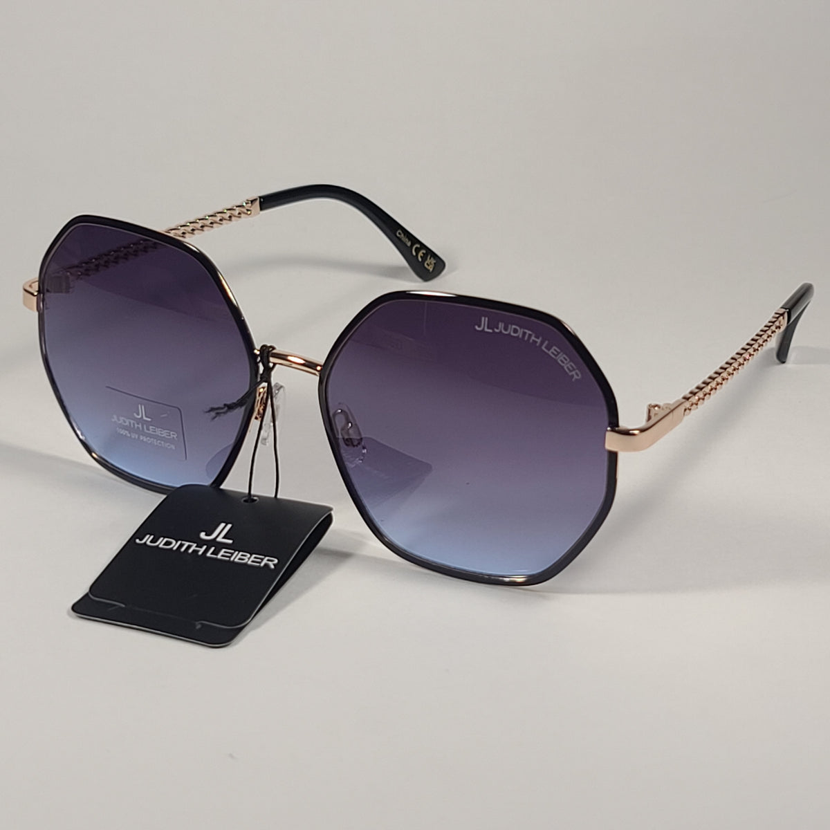 JL By Judith Leiber Fushia Polygon Sunglasses Shiny Black Smoke Gradient Lens JL By Judith Leiber Fushia Octogon Sunglasses Brown Wood  main image 3