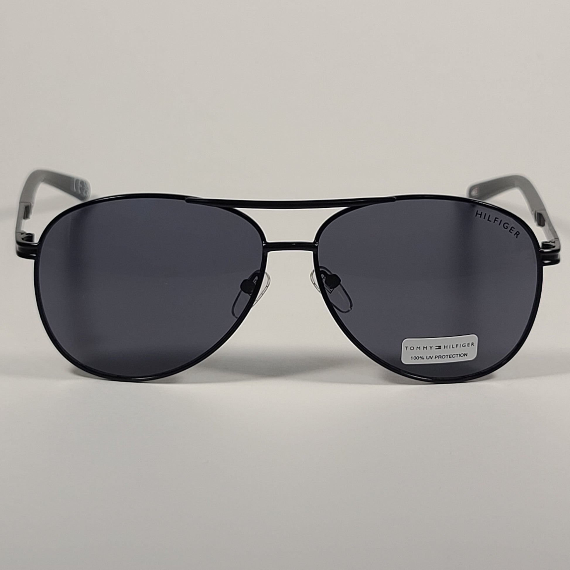 Tommy Hilfiger Bae Aviator Sunglasses Shiny Black Metal Frame Gray Lens BAE MM OM195 - Sunglasses