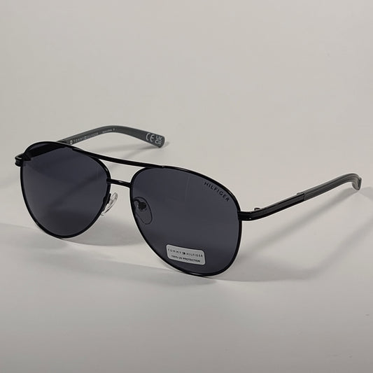 Tommy Hilfiger Bae Aviator Sunglasses Shiny Black Metal Frame Gray Lens BAE MM OM195 - Sunglasses