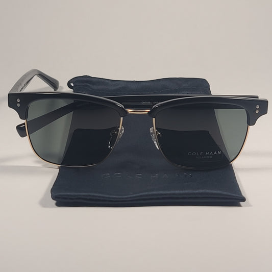 Cole Haan CH7039 002 Polarized Square Club Sunglasses Shiny Black Matte Gold Frame Gray Lens - Sunglasses