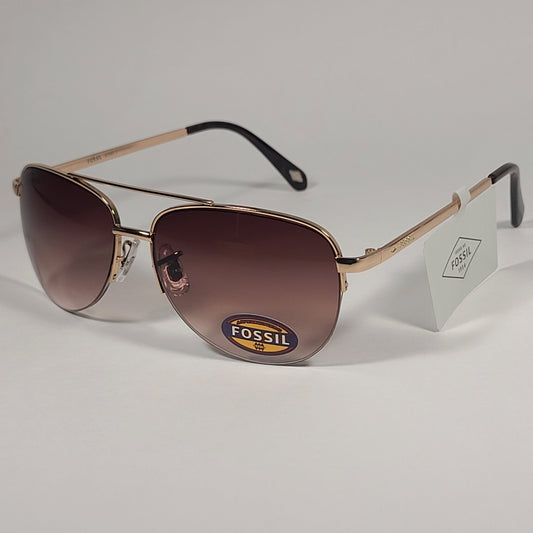 Fossil FW5 Aviator Sunglasses Semi Rim Metal Gold Tone Metal and Brown Tortoise Frame Brown Gradient Lens - Sunglasses