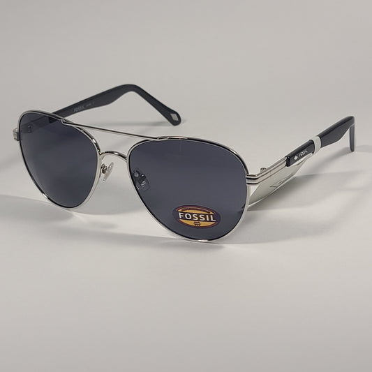 Fossil FM146 Men's Aviator Sunglasses Silver Black Frame Solid Gray Lens
