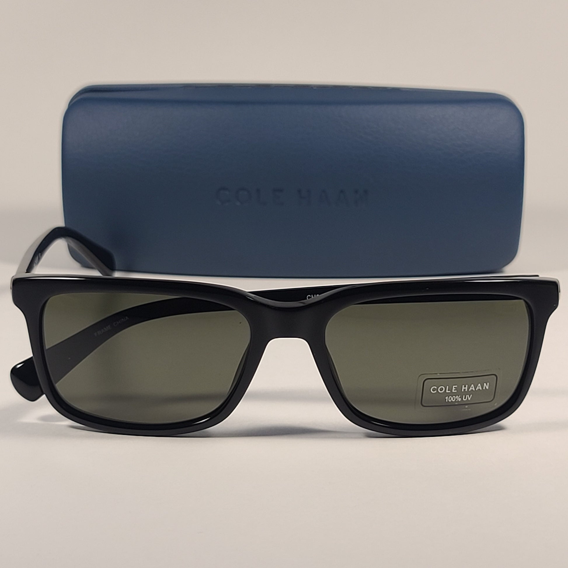 Cole Haan CH6000 001 Rectangular Sunglasses Shiny Black Frame Gray Green Lens - Sunglasses