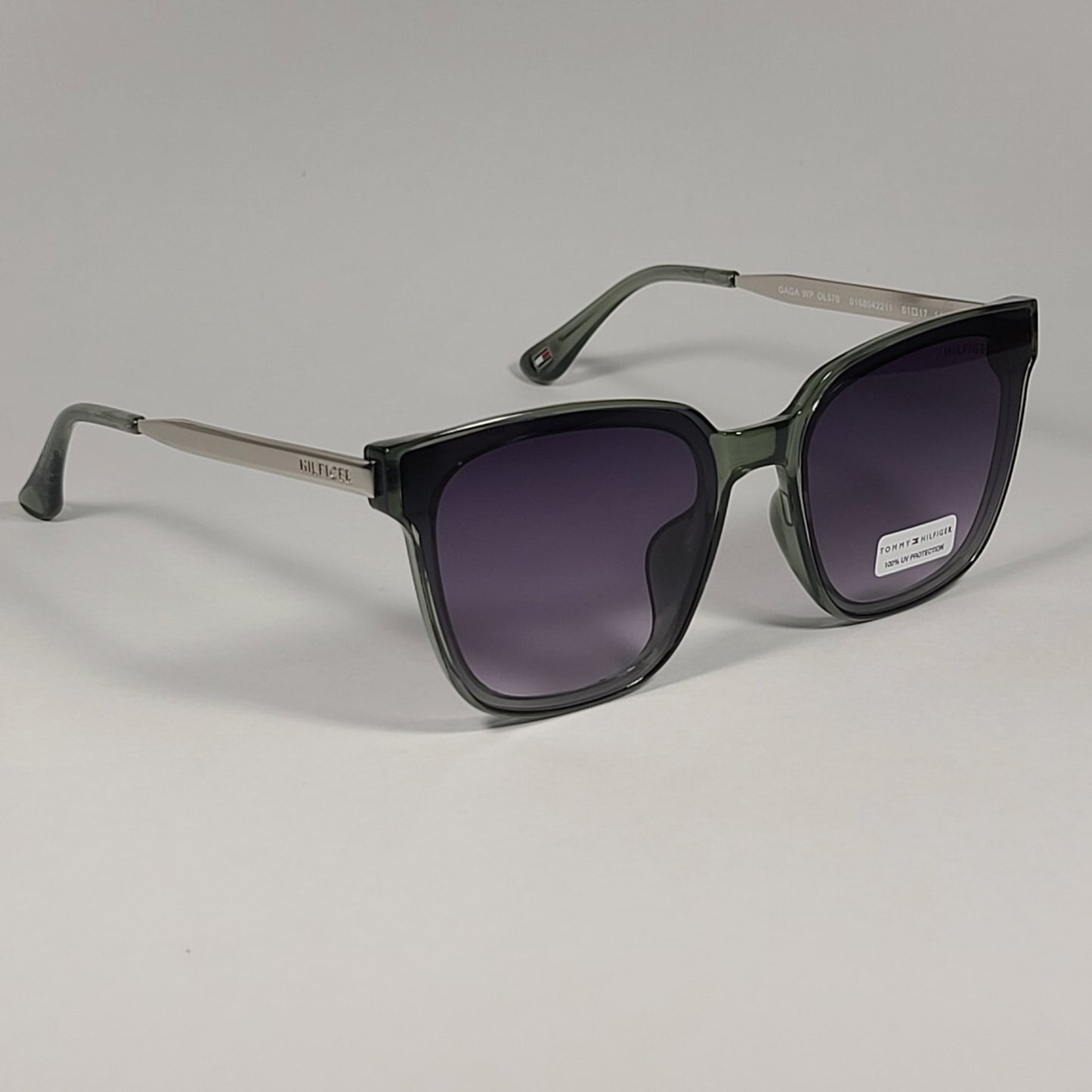 Tommy Hilfiger Gaga Cat Eye Sunglasses Silver Green Frame Smoke Gradient Lens GAGA WP OL570 - Sunglasses