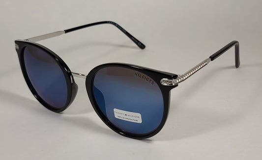 Tommy Hilfiger Mystique Sunglasses Shiny Black And Silver Frame Blue Mirror Lens MYSTIQUE WP OL510 - Sunglasses
