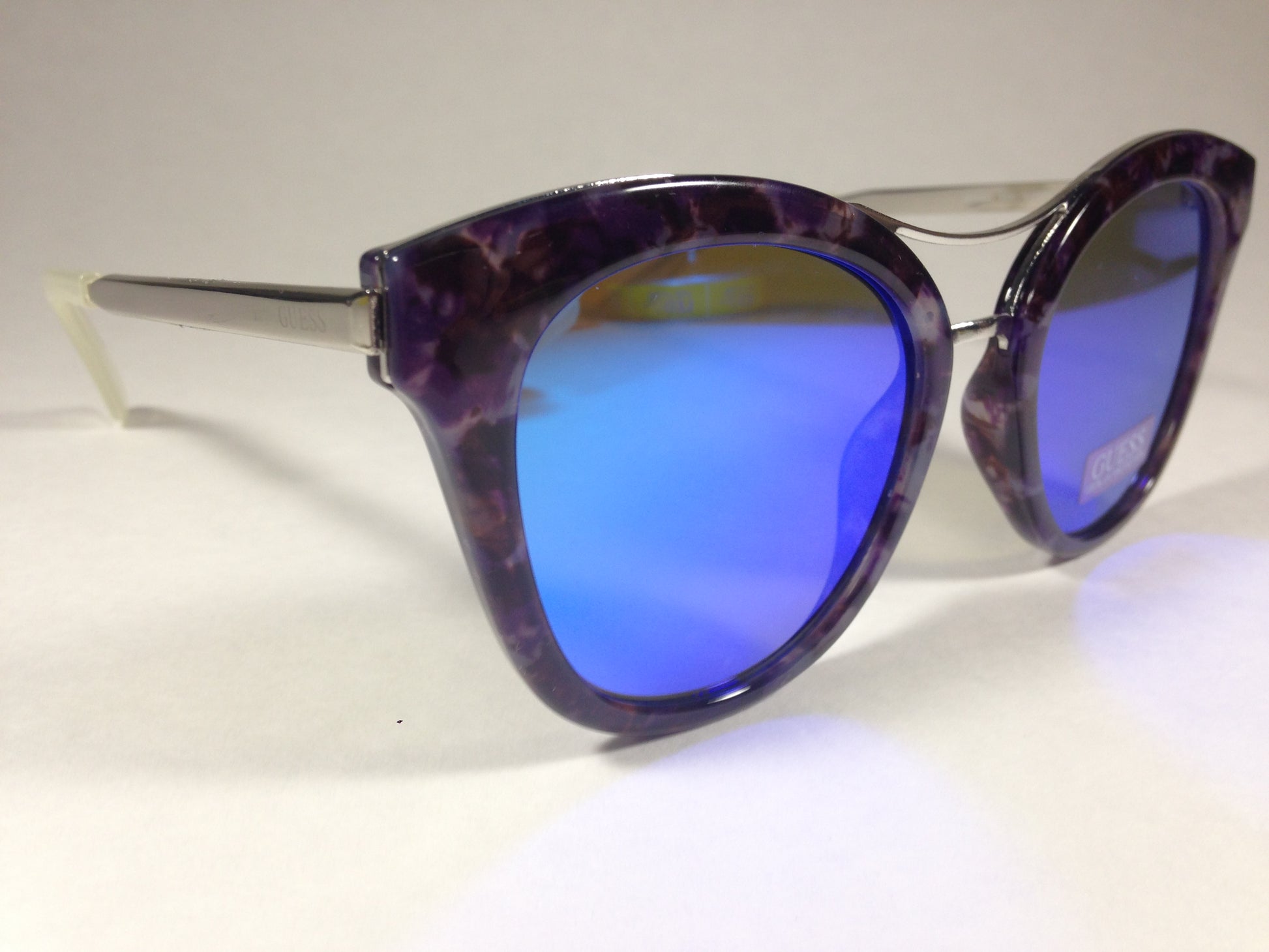 Guess Round Cat Eye Sunglasses Metal Purple Marble Blue Violet Mirror Gf030455X - Sunglasses