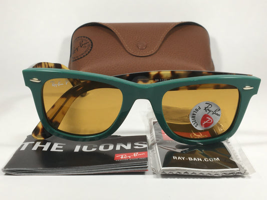Ray-Ban Polarized Wayfarer Sunglasses Green Milk Tortoise Frame Amber Lens RB2140 1240/N9 - Sunglasses