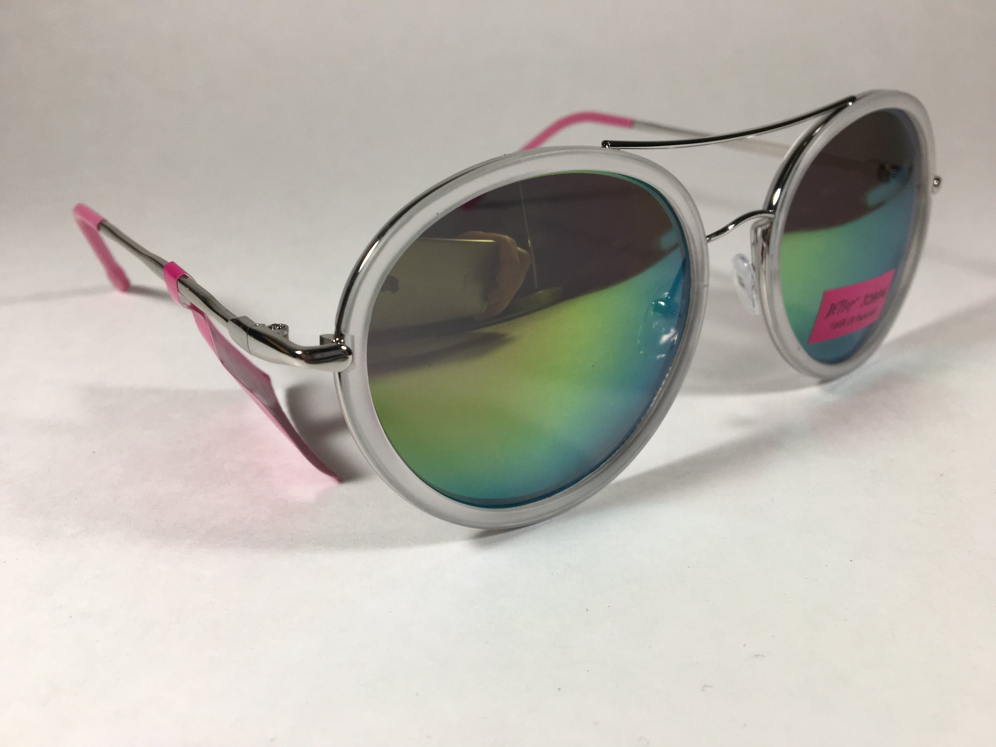 Betsey Johnson Bj875101 Round Womens Sunglasses Clear Silver Brow Bar Coral Mirror Lens - Sunglasses