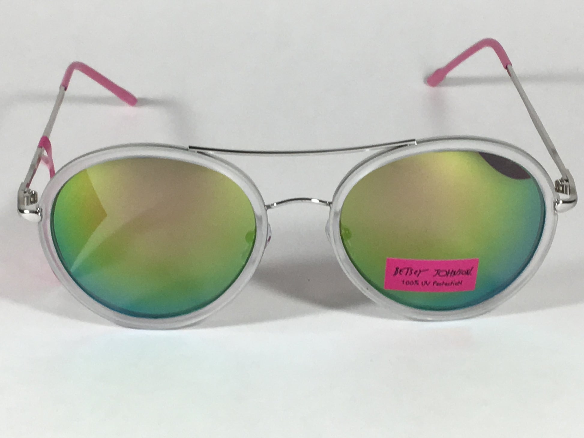 Betsey Johnson Bj875101 Round Womens Sunglasses Clear Silver Brow Bar Coral Mirror Lens - Sunglasses