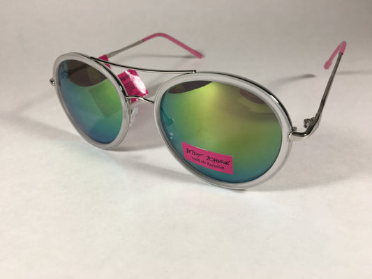 Betsey Johnson Bj875101 Round Womens Sunglasses Clear Silver Brow Bar Coral Mirror Lens - Sunglasses