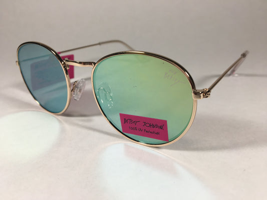 Betsey Johnson Bj475135 Sunglasses Retro Round Gold Wire Blue Yellow Mirror - Sunglasses