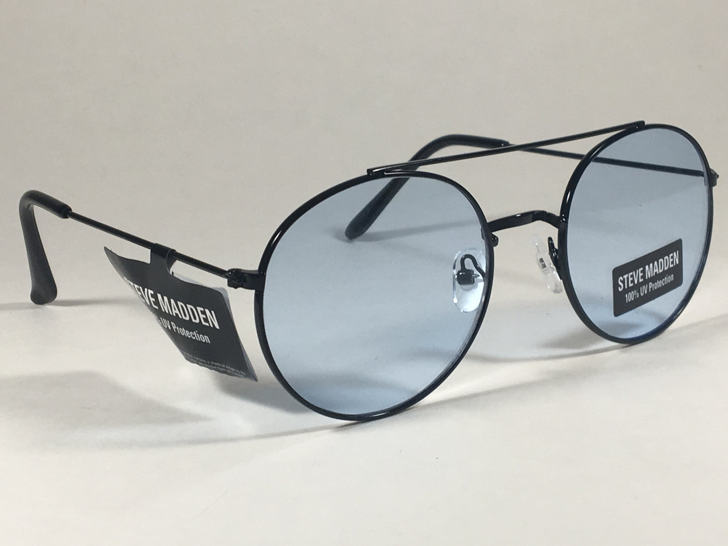 Steve Madden Round Sunglasses Black Metal Frame Light Blue Lens Sm485102 Bkbl - Sunglasses