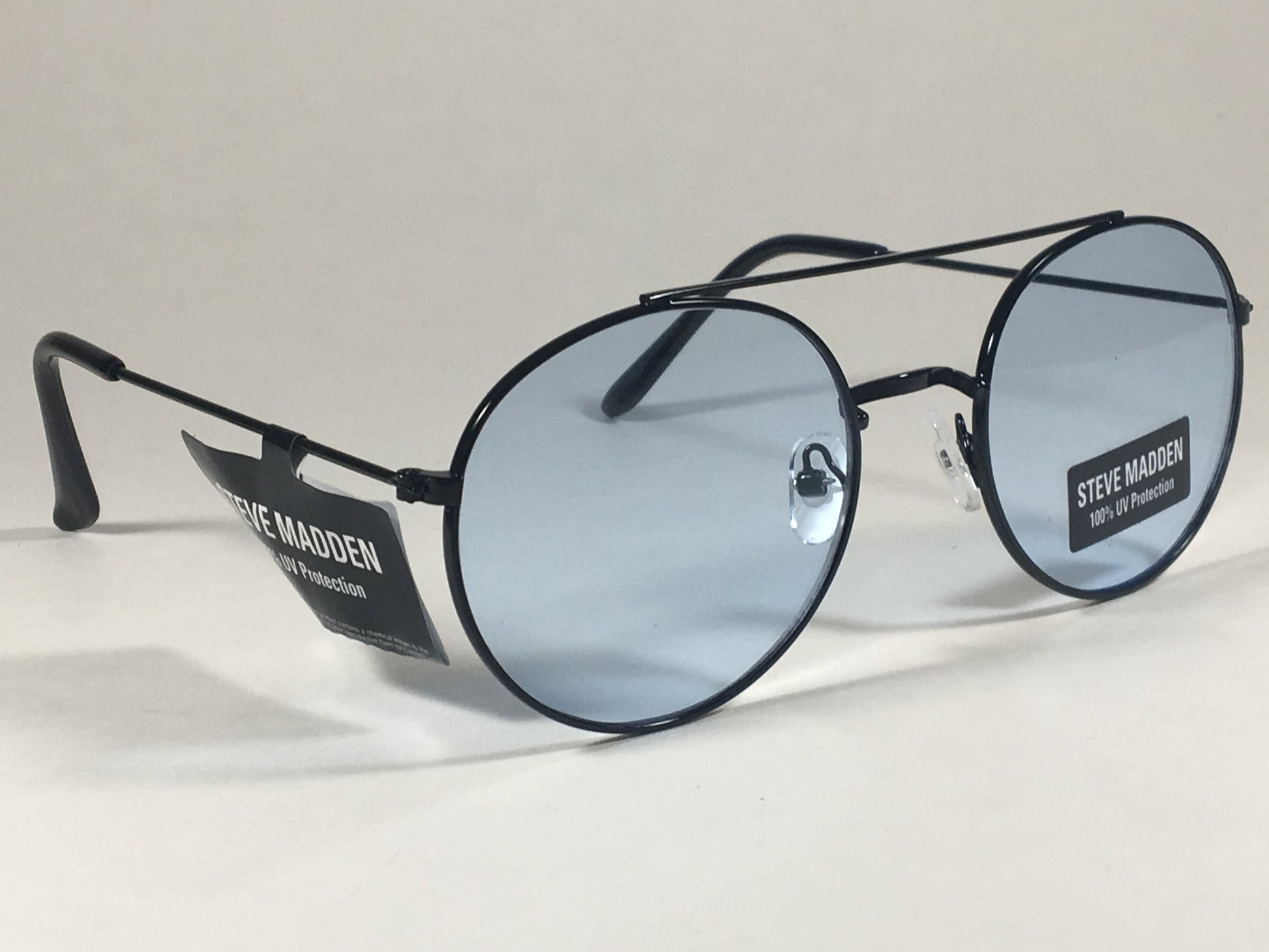 Steve Madden Round Sunglasses Black Metal Frame Light Blue Lens Sm485102 Bkbl - Sunglasses