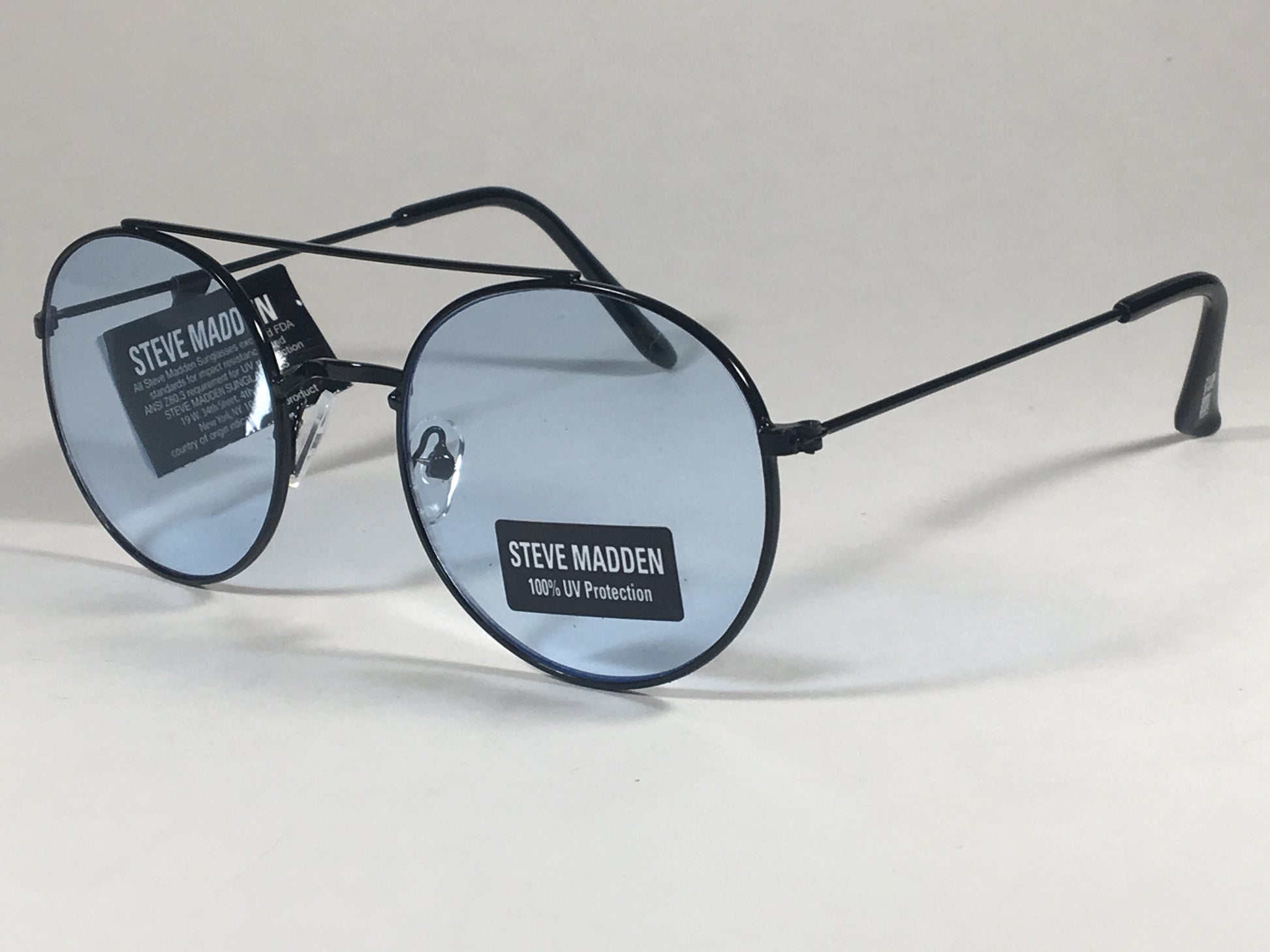 Steve Madden Round Sunglasses Black Metal Frame Light Blue Lens Sm485102 Bkbl - Sunglasses