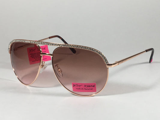 Betsey Johnson Bj492001 Rose Pilot Bling Sunglasses Rose Gold Metal Rhinestone Glam Aviator - Sunglasses