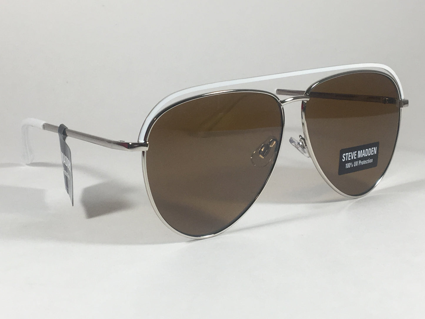 Steve Madden Aviator Sunglasses Top Bar Silver White Frame Brown Lens Sm482116 White - Sunglasses