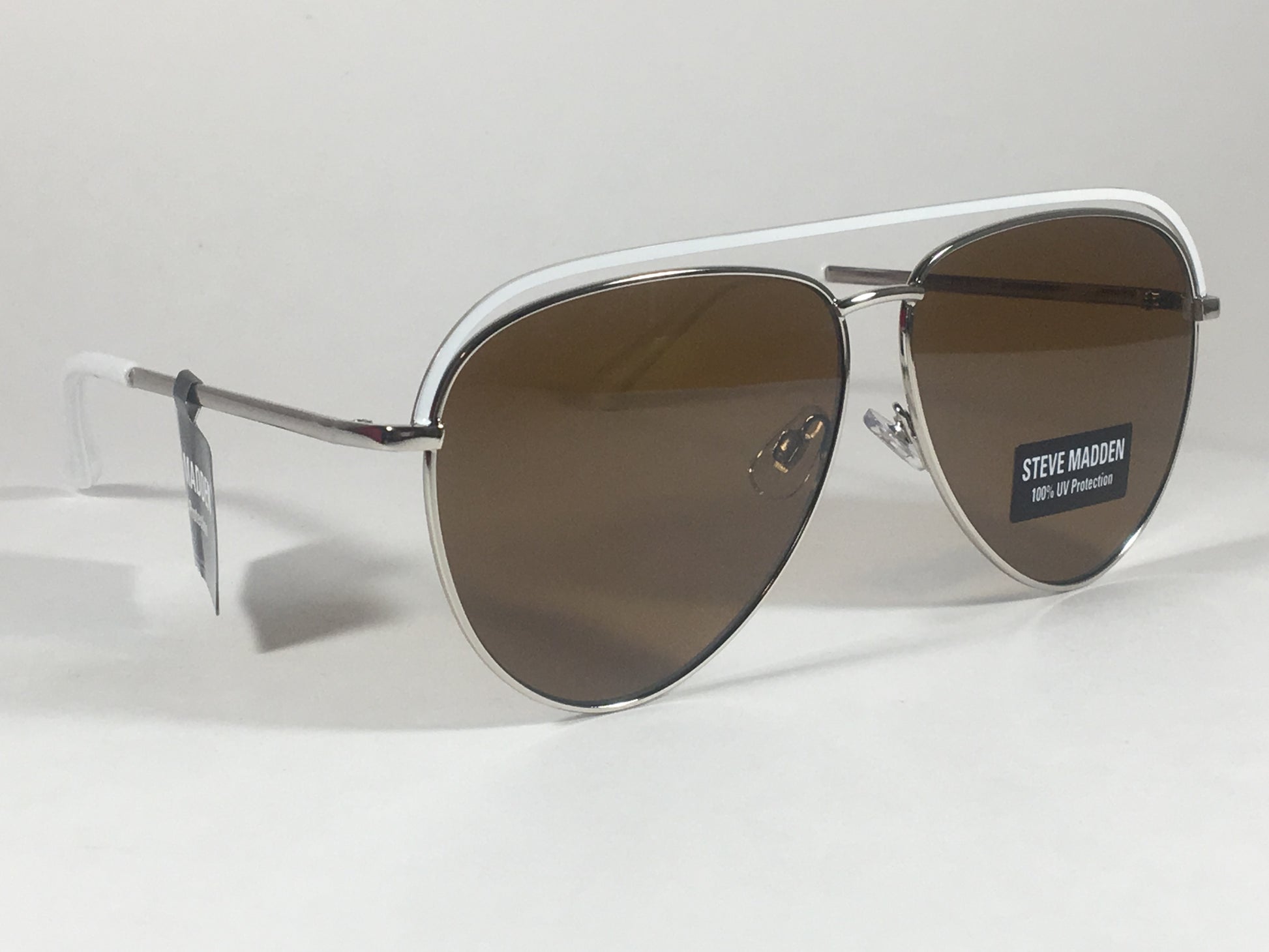 Steve Madden Aviator Sunglasses Top Bar Silver White Frame Brown Lens Sm482116 White - Sunglasses