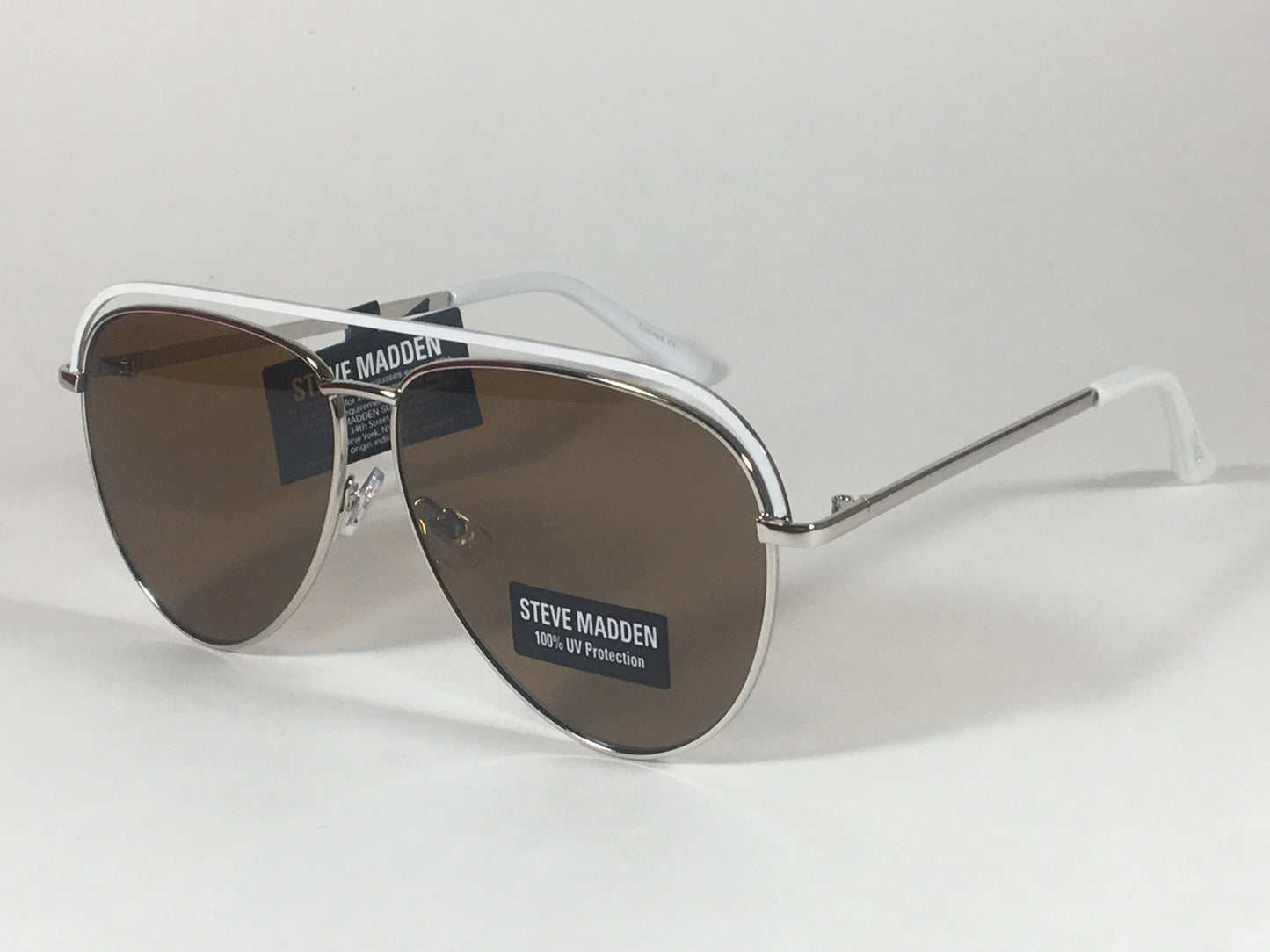Steve Madden Aviator Sunglasses Top Bar Silver White Frame Brown Lens Sm482116 White - Sunglasses